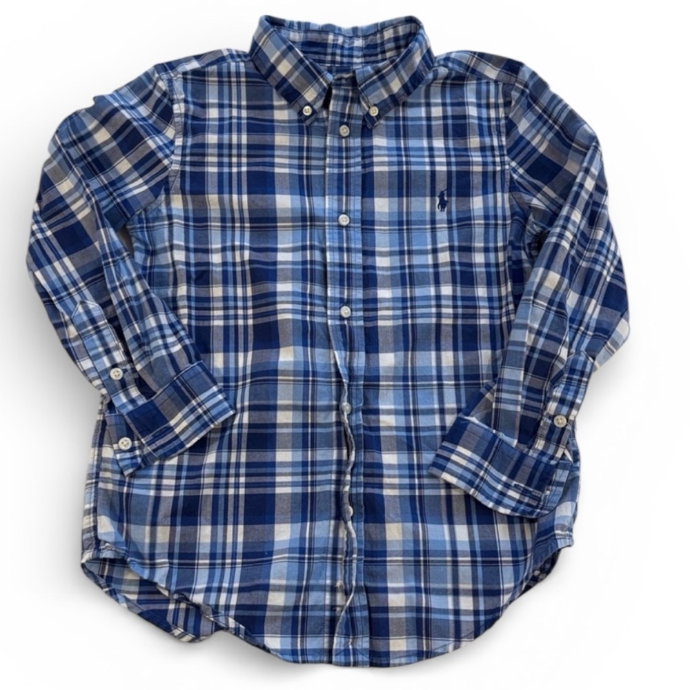 Ralph Lauren Boys Size 6 Blue Plaid Button Down Shirt Cotton Classic Long Sleeve